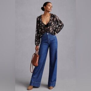 NWT Anthropologie Cloth and Stone Dark Black Brown Floral Blouse XXS